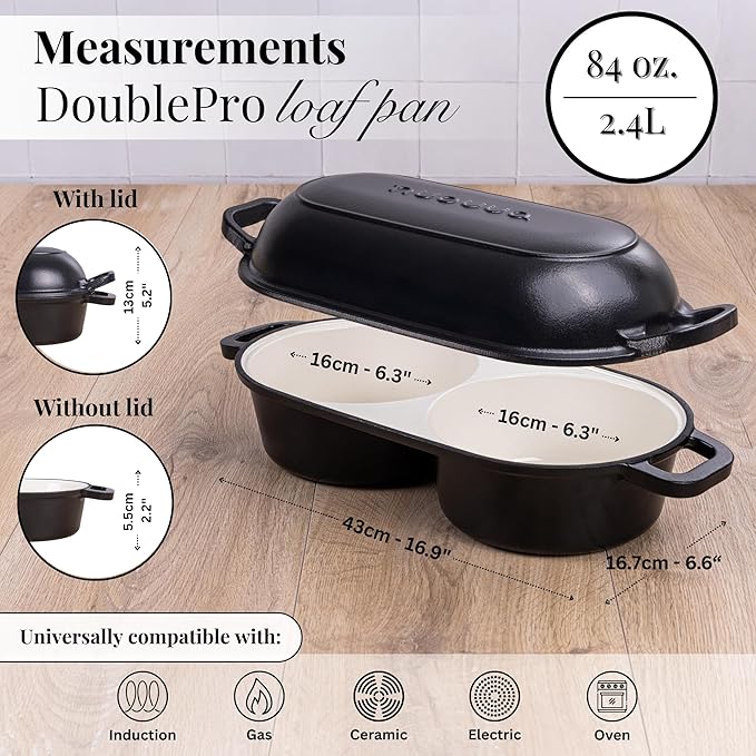 Dutch Oven for Sourdough Bread Baking – Enamelled Cast Iron Bread Loaf Pot – 500°F Oven Safe Non Stick Bread Pot – Double Round Loaf Space, 16.5cm Diameter, Black, – by Nuovva