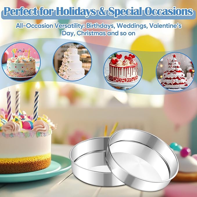 E-far 8 Inch Cake Pan Set of 2, Stainless Steel Round Baking Pans Tins Mold - Non-Toxic & Leak-Proof for Birthday Wedding Layer Tiered Cake, Easy Clean & Dishwasher Safe