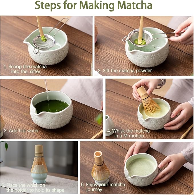 Buucup Matcha Whisk Set, Ceramic Matcha Kit Set Includes Matcha Bowl, Matcha Whisk and Holder, Bamboo Scoop, Scoop Rest, Sifter and Tea Towel - 7 Pcs Matcha Kit for Matcha Lovers (Mint)