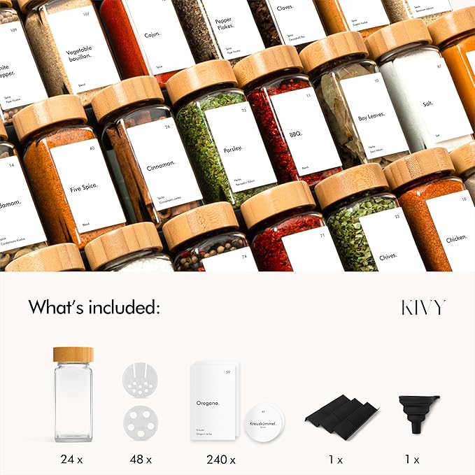 KIVY Spice Drawer Organizer with 24 Spice Jars & 240 Labels - Seasoning Rack for Organization - Kitchen Drawer Insert for Spice Jars - Glass Seasoning Jars with Airtight Lids - Glass Spice Jars Empty