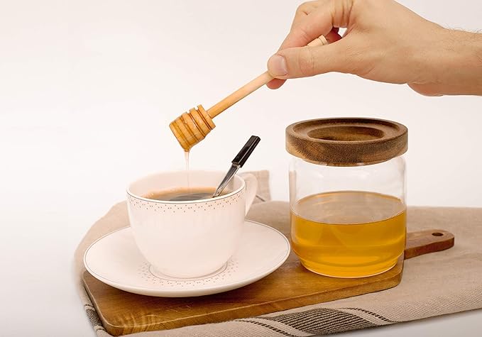 Honey Jar Pot Glass Holder Dispenser Set with Wooden Dipper Stick and Acacia Lid Cover for Home Kitchen, Clear, Modern Honey Syrup Glass Container for Storage Gift, Honey Pot and Drizzler (14 Oz)