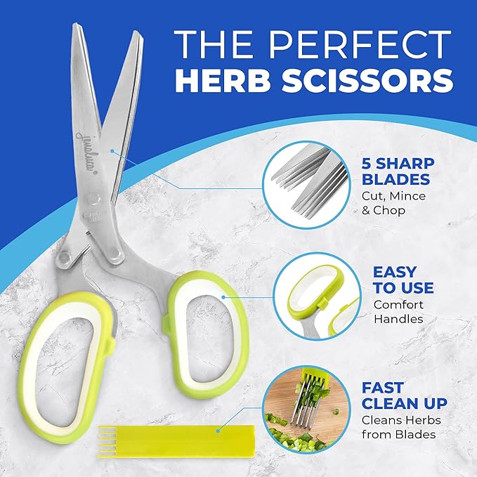 Jenaluca 5 Blade Herb Scissors - Salad Scissors - Cut & Chop Fresh Herbs & Leafy Greens - Stainless Steel Kitchen Shear Set with Cleaning Comb & Safety Cover - Kitchen Gadget - Black