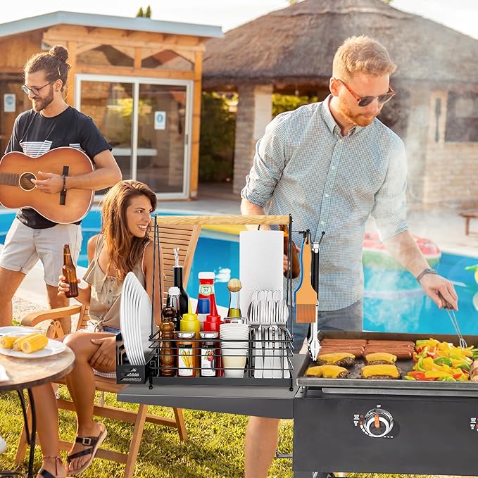 Grill Caddy, BBQ Caddy for Outdoor Grill with Paper Towel Holder, Picnic Condiment Utensil Storage for Outdoor Camping, Tailgating Essentials, RV Essentials, Grilling Accessories,Gifts for Men