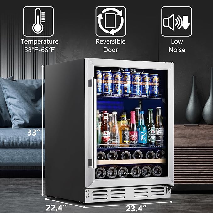 Beverage Fridge 24 Inch Beverage and Wine Cooler Built-in or Freestanding - 120 Cans & 16 Bottles Capacity Wine Refrigerator Cooler