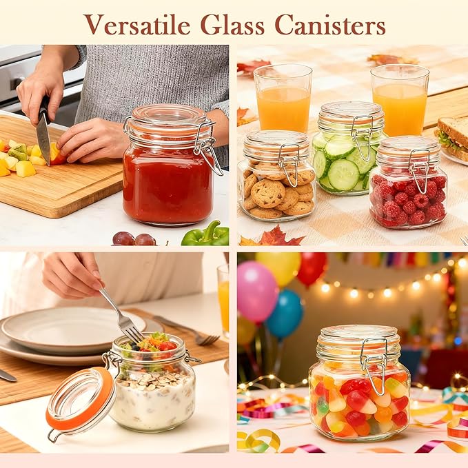25 oz Glass Jars With Airtight Lids And Leak Proof Rubber Gasket,Wide Mouth Mason Jars With Hinged Lids For Kitchen Canisters 750ml, Glass Storage Containers 6 Pack