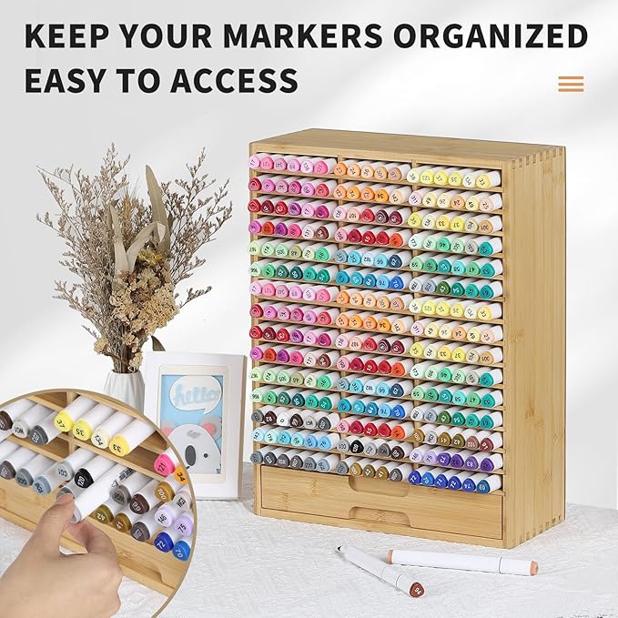 AUTOARK Bamboo Marker Organizer for 225 Markers,Desktop Storage Hold with drawers,Art Markers Pens Pencils Art Brushes Stationary Organizer Marker Pen Holder,AHK-063