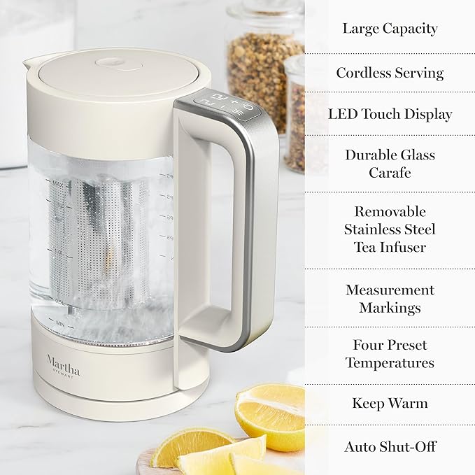 Martha Stewart  Electric Kettle with Removable Stainless Steel Tea Infuser, Glass Carafe 1.7L (7 Cups), Hot Water Boiler, 4 Presets, Keep Warm & Auto Shut-Off, Cordless 360° Swivel Base, Linen White