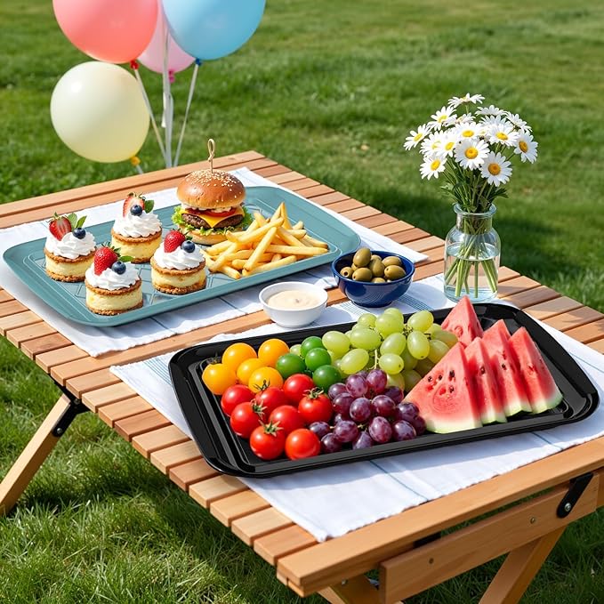 Grilling Prep & Serve Trays for Party- Set of 2, Large Serving Platters for Raw and Cooked Food, Dishwasher Safe, 17"×10.5" Stackable Plastic Party Supplies for Grilling, BBQ, Meal Prep - Green, Black