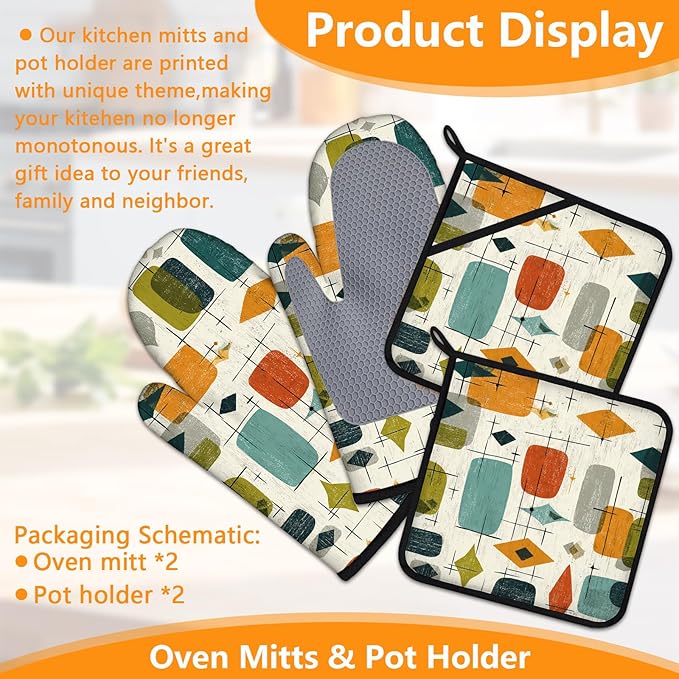 Mid Century Oven Mitts and Pot Holders Sets 4Pcs Silicone Non-Slip Mitts Heat Resistant Gloves Hot Pads for Kitchen Cooking Baking Grilling BBQ