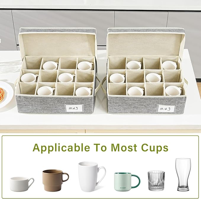 2 Pack Mug Storage Box with Dividers,Grey Cup Organizer for Tea Cup,Coffee Mug,Glass Cups,Coffee Cup Storage with Handles,Stackable Storage Case with Hard Shell Dividers,Each Holds 12 Cups