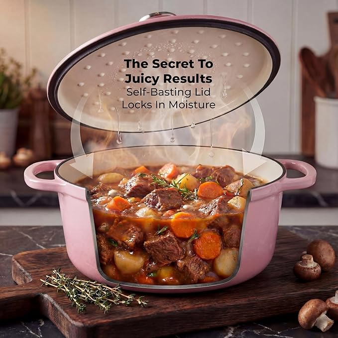 Zulay Kitchen 7.7 Quart Enameled Cast Iron Dutch Oven Pot with Lid – Premium Durability & Oven Safe up to 500°F – Heavy Duty Cookware Perfect for Bread Baking, Stews, Braising & Roasting – Pink