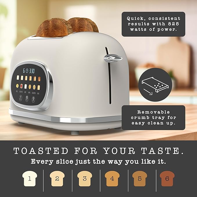 Rae Dunn Retro Digital Electric Toaster, 2 Slice Stainless Steel Toaster With Touchscreen, Countdown Timer, 6 Shade Settings, Wide Slots, High Lift Lever, Bagel, Defrost & Reheat, Digital Cream