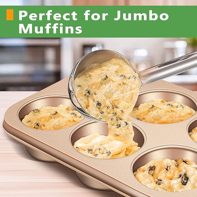 Kevenal Jumbo-Muffin-Pan - Nonstick 6-Cup Large Cupcake Pan, Heavy Duty Giant Muffin Baking Pan for Cupcakes, Oven Safe & Easy to Clean (Large Cup Size, 3.5 x 1.5in)