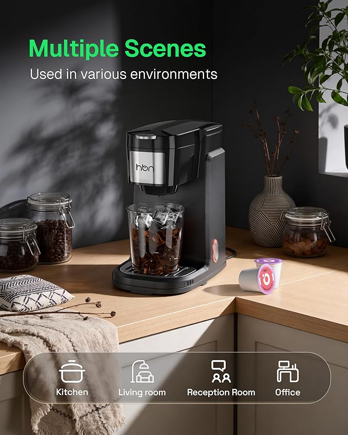 HBN Single Serve Coffee Maker for K-Cup & Ground Coffee, Fast Brew One Cup Coffee & Tea Machine with 10oz Stainless Steel Tank, Compact Design Capsule Coffee Machine, Black