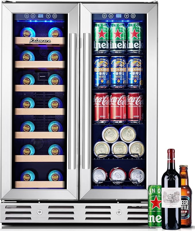 Kalamera Wine and Beverage Refrigerator, 24 inch Wine Fridge Dual Zone Hold 21 Bottles and 77 Cans,Built in or Under Counter Wine Fridge with Blue LED Light