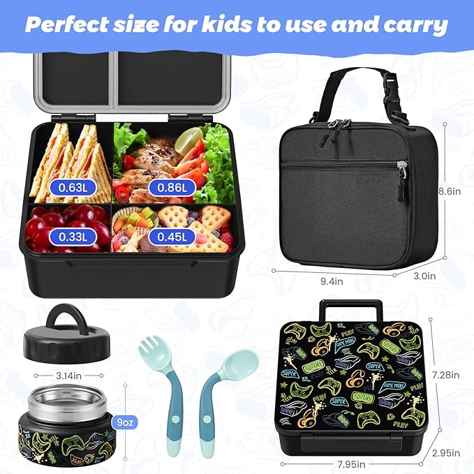 Kids Bento Lunch Box with Thermos, Leakproof Toddler Bento Box with 9 OZ Insulated Food Jar, Lunch Bag & Utensils 3 or 4 Compartment Container for School Girls Boys