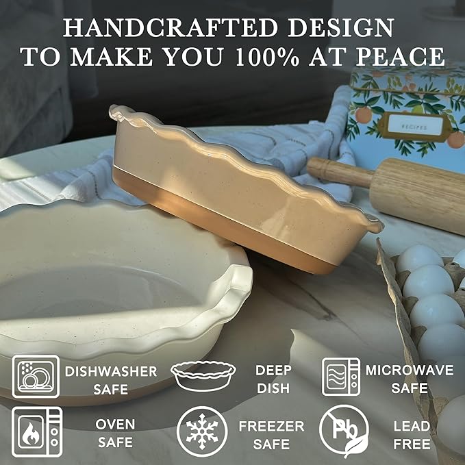 MORA Ceramic Pie Pan for Baking - 9 inch - Deep and Fluted Pie Dish for Old Fashion Apple Pie, Quiche, Pot Pies, Tart, etc - Modern Farmhouse Style Porcelain Ceramic Pie Plate - Chai