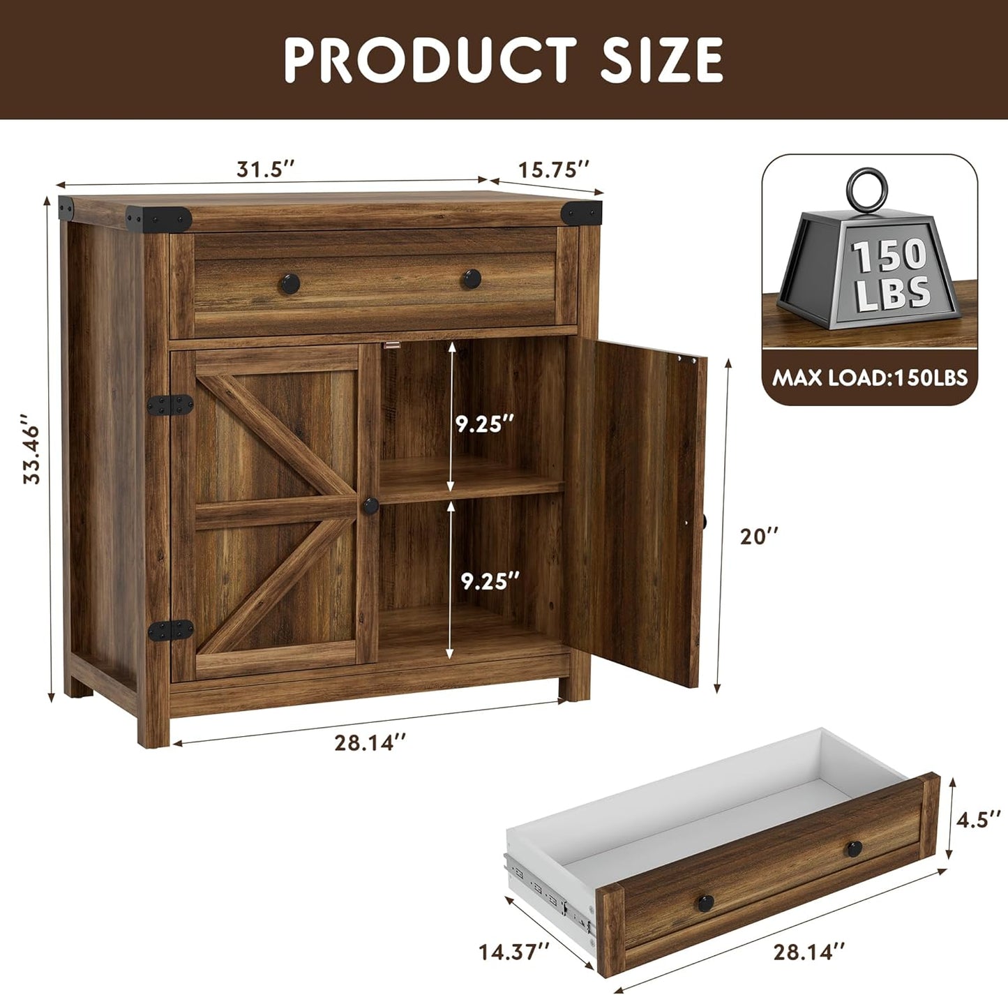 YESHOMY Farmhouse Coffee Bar Cabinet Sideboards, with Barn Doors, Spacious Drawer, Adjustable Interior Shelf, Generous Top Surface, for Kitchen, Bathroom, Entryway, Living Room, Pure Brown