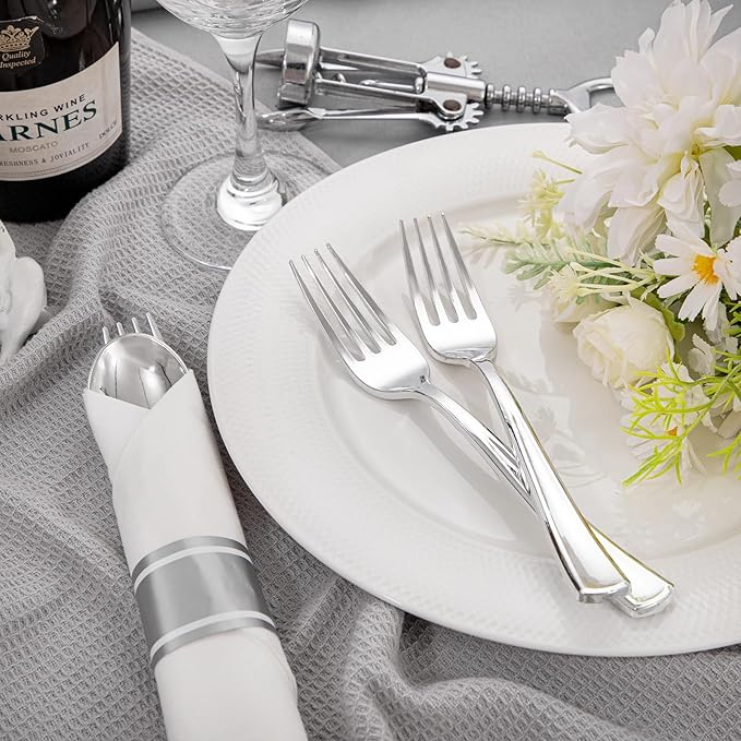 Liacere 100 Pack Silver Plastic Silverware-Pre Wrapped cutlery and Napkin-Pre Rolled Silverware Disposable 100 Forks, 100 Knives 100 Spoons, 100 Napkins Plastic Utensils＆Father's Day＆Independence Day