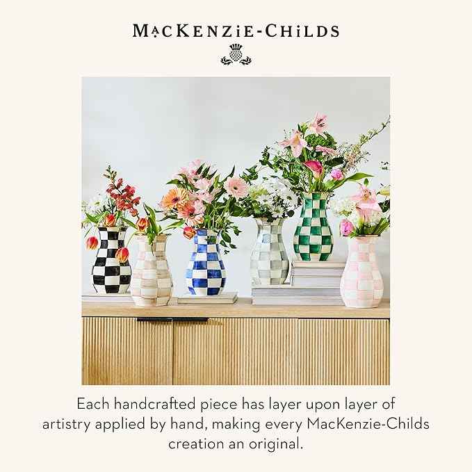 MACKENZIE-CHILDS Tall Enamel Vase, Unique Flower Vase, Decorative Table Decor for Living Room, Blue-and-White Royal Check