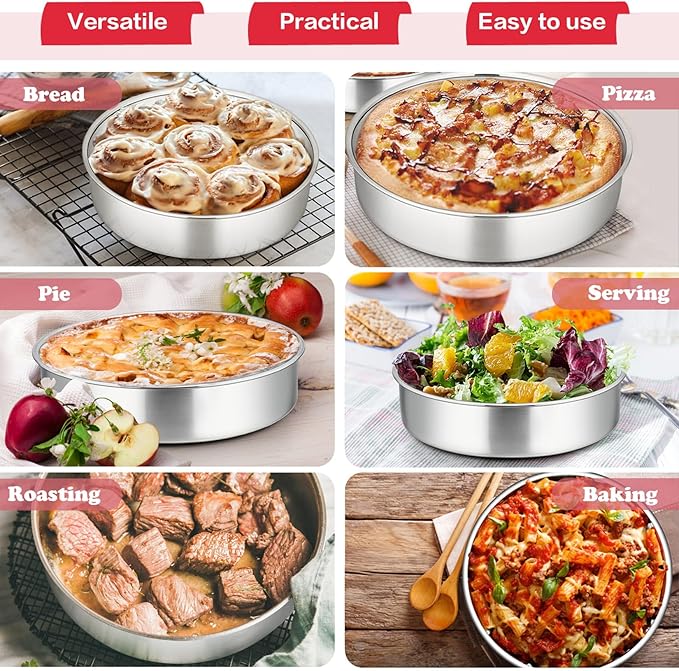 P&P CHEF Cake Pan Set of 4, Stainless Steel Baking Round Cake Pans Tins Bakeware for Birthday Wedding, Leak-proof & Easy Clean, Mirror Finish & Easy Releasing, 8 Inch