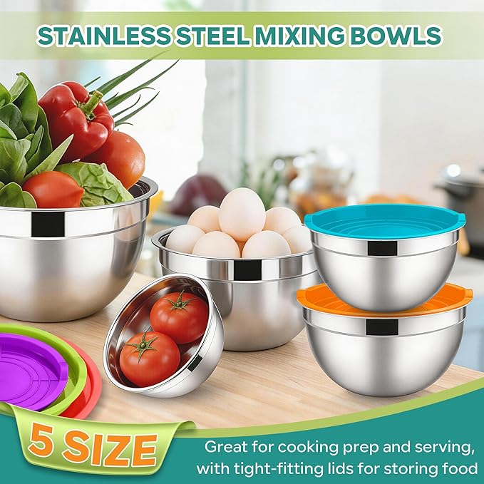 E-far Mixing Bowls With Lids Sets of 5, 10-Piece Stainless Steel Salad Metal Nesting Bowl for Baking Cooking and Prepping, Airtight Lid & Stackable Design, Size 4.6, 3, 2.1, 1.5, 0.7 QT, Colorful