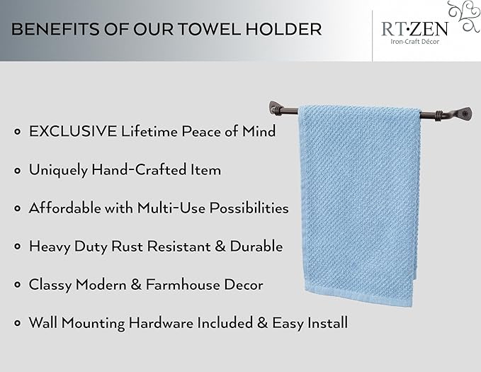 RTZEN Matte Black Hand Towel Holder for Bathroom - Handcrafted Farmhouse Wrought Iron Metal Kitchen Bar - Small Hand Towel Bar Hanger for Home or Office - Wall Mounted Rack Fits 10" Towels