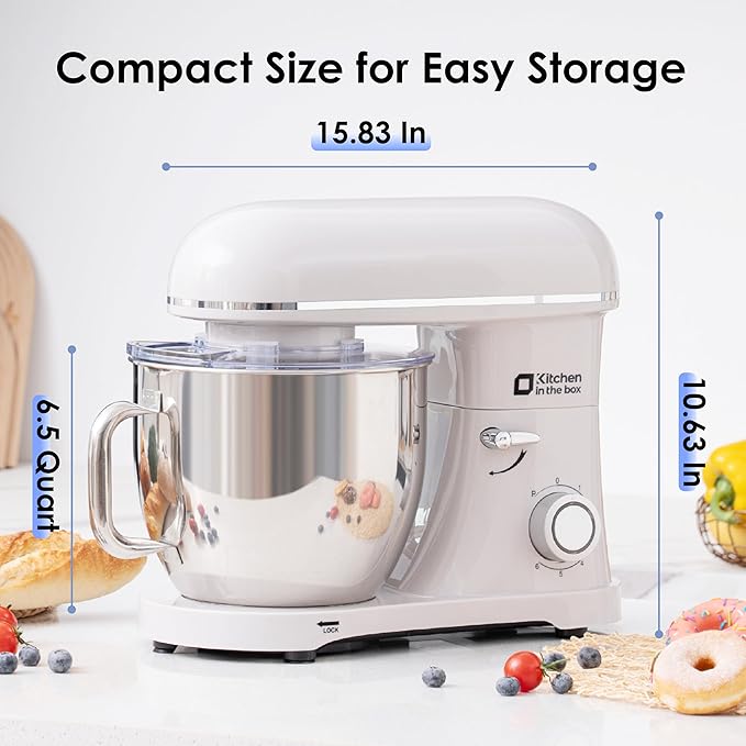 Kitchen in the box Stand Mixer - 6.5 Quart Mixing Bowl with Handle, 900 Watt Heavy Bread Dough Standing Mixers Tilt-head with Dough Hook, Whisk, Flat Beater and Splash Guard (Cream)