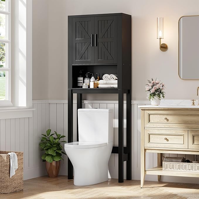 IDEALHOUSE 23.6 Inches Wide Toilet Rack with Over The Toilet Storage Cabinet, Bathroom Shelf Organizer with Anti-Tip Device, Small Freestanding Space Saver with Adjustable Shelf (Black 23.6" W)