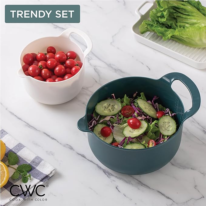 COOK WITH COLOR Nesting Plastic Mixing Bowl Set with Pour Spouts and Handles, Green, 4 Piece Non-Slip