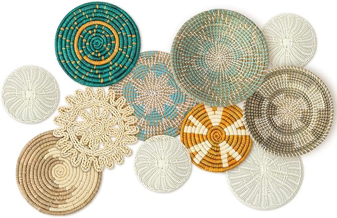 Tatuo 11 Pcs Boho Wall Basket Decor Bulrush Woven Wall Hanging Art Round Farmhouse Rustic Handmade Wicker for Summer Home, Bedroom, Living Room, Kitchen Decorations, Multi Sizes(Bright)