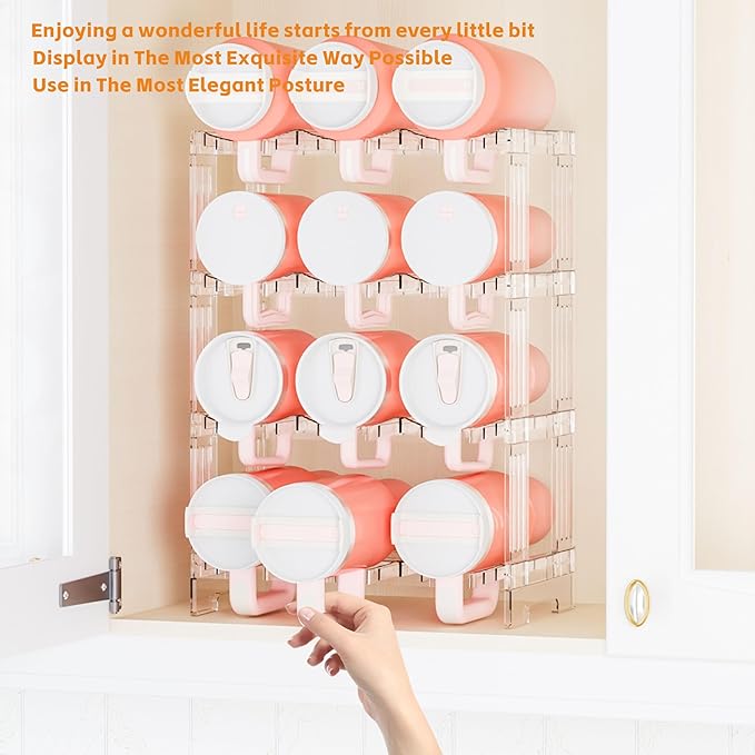 Yieach Stackable Cup Organizer for Kitchen Cabinets,4 Tier Large Tumbler or Water Bottle Organizer for Cabinets,Stackable Waterbottle Holder and Cup Storage Organizer for 40 OZ Yeti,Owala,Yeti Storage