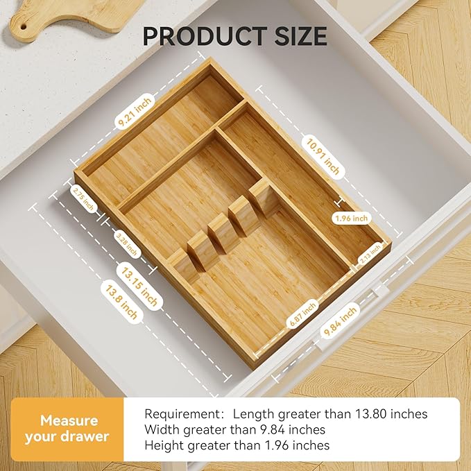 Yofidra Bamboo Silverware Organizer, 13.8 x 9.84 x 1.96 Inches Kitchen Utensil Drawer Organizer, Silverware Tray for Drawer with Fixed Slots for Spoons, Forks & Knives, Natural