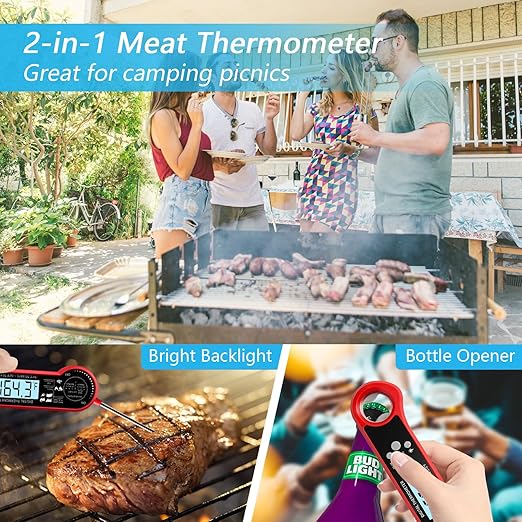 Digital Meat Thermometer for Grill, Instant Read Food Thermometer with Waterproof, Auto-Rotating Backlit Display, Calibration, Foldable Probe