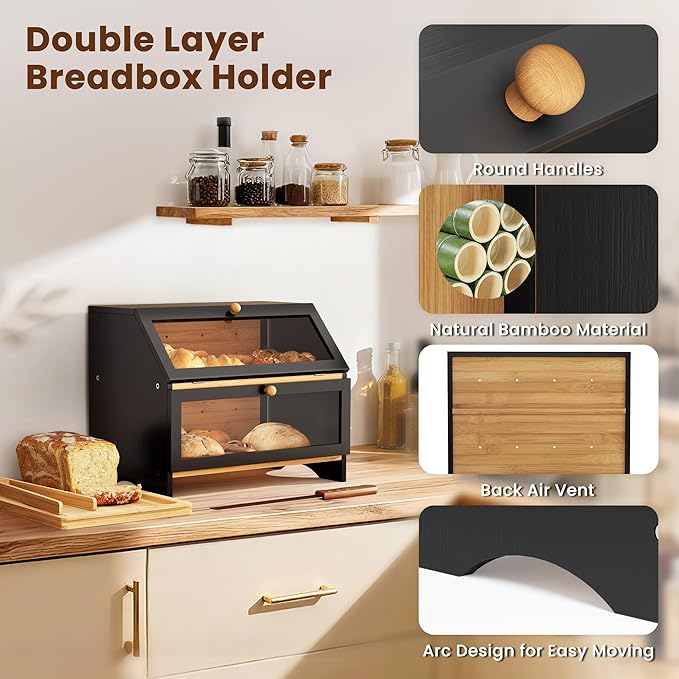 MAISONPEX Double Layer Bamboo Bread Box for Kitchen Countertop, Large Capacity, Cutting Board, Stainless Steel Bread Knife, Double Layer Storage Container with Clear Windows, Black
