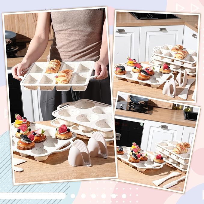 7 Pcs Silicone Baking Pan Set Nonstick Bakeware Set with 4 Molds (Loaf, Muffin, Mini Muffin, Round), Spatula, Dual-head Pastry Brush Oven Mitts for Cupcakes Brownies Bread, Confetti Design