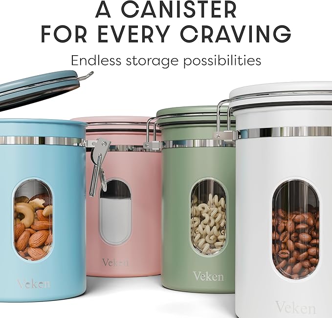 Veken Coffee Canister with Window, Airtight Stainless Steel Kitchen Food Storage Container with Lids, Date Tracker and Scoop for Grounds Coffee, Beans, Tea, Flour, Cereal, Sugar Jars, 22OZ, Pink
