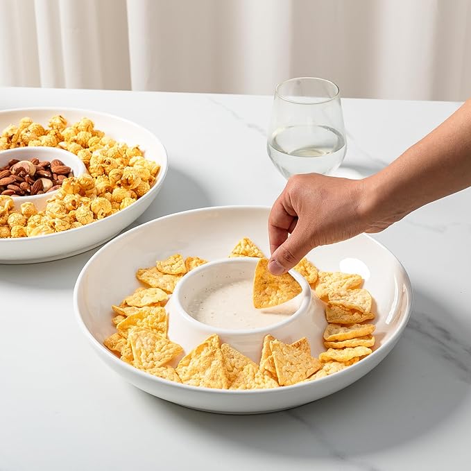 LEHAHA Ceramic Chips and Dip Serving Tray, 12 Inch Large Divided Bowls Set for Salsa, Veggies & Dip, Appetizers, Snacks, Serving Dish Platter for Parties Hosting & Entertaining. Set of 2, white