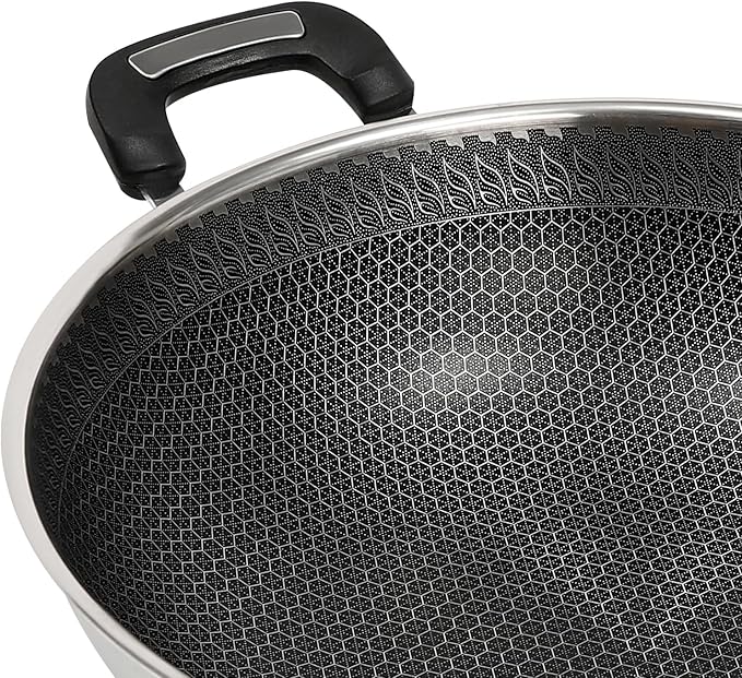 13 Inch Stainless Steel Wok Pan with Lid, Honeycomb Coating Woks & Stir-fry Pans Nonstick Wok Induction Wok Set Chinese Wok No Chemical Coated Wok for Induction, Electric, Gas, Halogen