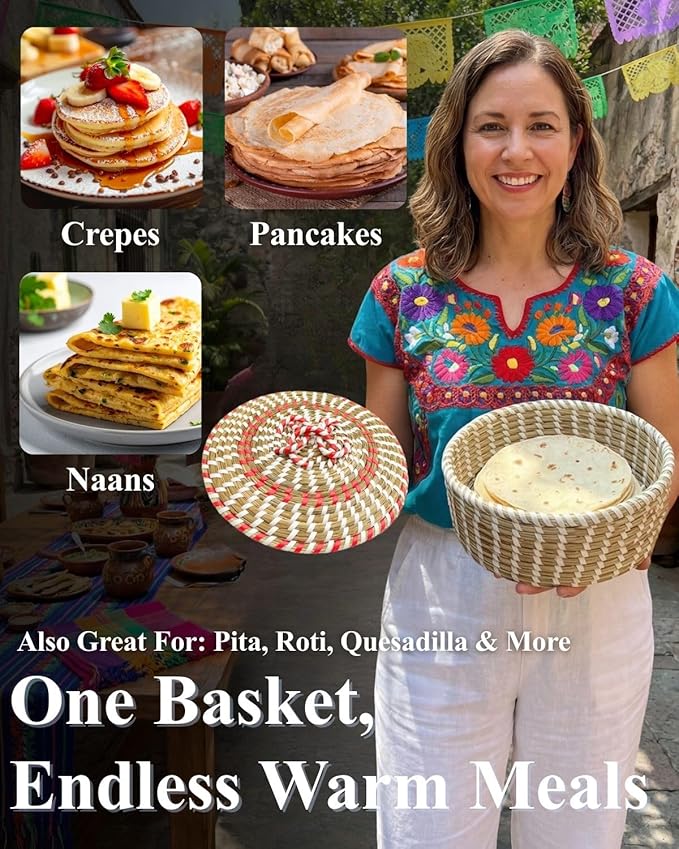 Handwoven Seagrass Tortilla Warmer Basket with Lid, 9.6" Breathable Natural Tortilla Holder with 2 Washable Cotton Liners, Boho Farmhouse Style Server for Tortillas, Roti, Pancake & Flatbread