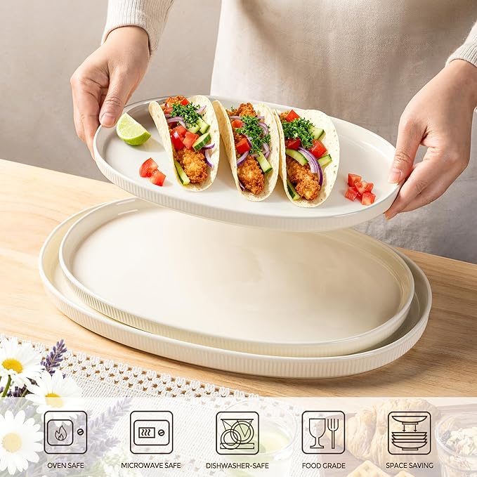 theterra Ceramic Serving Platter, 15.6"/14.4"/12.2" Oval Serving Dishes for Entertaining, Oven Safe, Microwave Safe, Serving Plates Set of 3 for Wedding, Party, Turkey, Beige