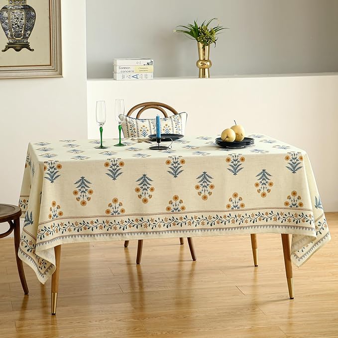 ISAENNE Designer French Pale Yellow Table Cloth for Rectangle Table,Linen Floral Tablecloth,Wrinkle Resistant Decor Tablecloths for Dining Thanksgiving Banquet Kitchen,55"*79"-Estevan A