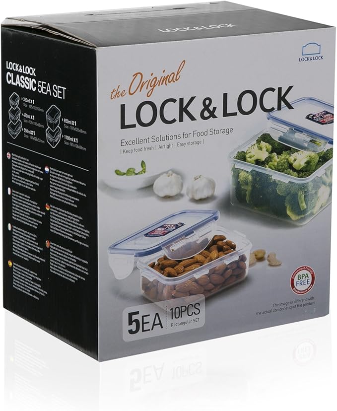 LocknLock Easy Essentials Food Storage lids/Airtight containers, BPA Free, 10 Piece, Clear