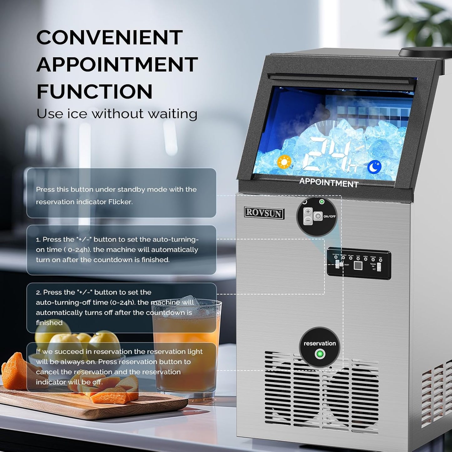 ROVSUN 150LBS/24H Commercial Ice Maker Machine with 2 Water Inlets, Freestanding Ice Machine with 24lbs Storage Bin, Ice Scoop & Water Filter for Home Office Restaurant Bar Cafe