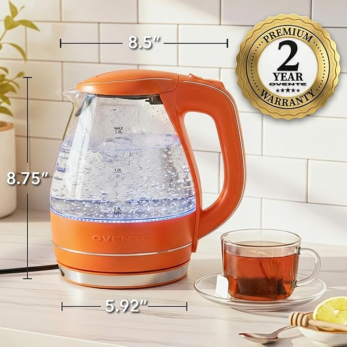 OVENTE Electric Kettle, 1.5L Borosilicate Glass Countertop Water Heater and Boiler for Coffee or Tea, BPA-Free, Auto Shut-Off, Boil-Dry Protection, Removable and Washable Spout Filter, Orange KG83O