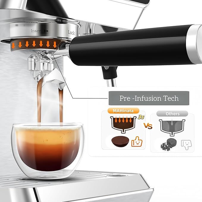 MAttinata Espresso Machine 20 Bar, Espresso Coffee Maker with Professional Milk Frother Steam Wand for Cappuccino & Latte, 60oz Removable Water Tank for Home，Stainless Steel