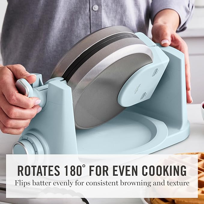 Martha Stewart Rotating Waffle Maker, 180° Flip Iron with PFAS-Free Nonstick Plates, Adjustable Timer, Ready Light, Drip Tray, Space Saving, Classic Round 7”, Easy to Clean, Stainless Steel, Sky Blue