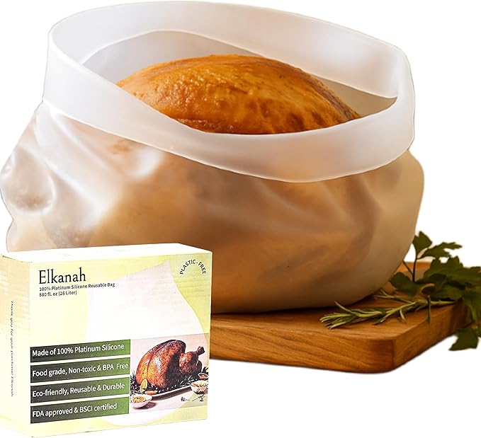 Elkanah Reusable Silicone Turkey Bags for Roasting|Oven Bags|Brining|Cooking|Sous Vide|Seafood Boil|Bread Proofing|Baking Bags Extra Large Size Upto 30lbs | 100% Pure Platinum, 7 Gallon Bag, Reusable Turkey Bag, Baking Utensils