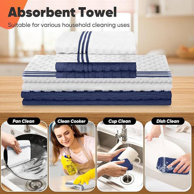 Oven Mitts Kitchen Towels and Dishcloths with Pot Holders Sets, Oven Gloves Hot Pads 500°F Heat Resistant with Silicone Grip, Include 2 Cooking Gloves/2 Potholders/4 Kitchen Towels/4 Dish Towels