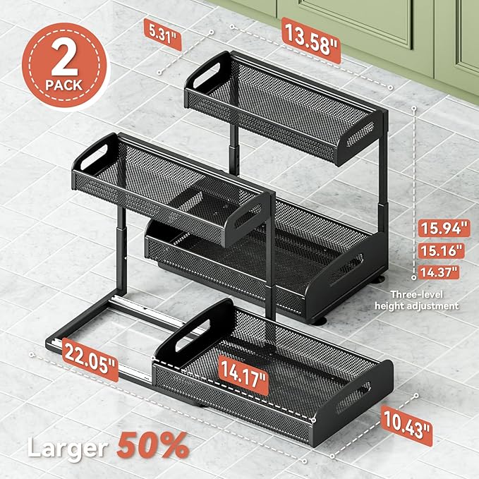YASONIC 2 Pack Under Sink Organizer, 2 Tier Height Adjustable Kitchen Cabinet Organizer, Pull Out Metal Cabinet Shelf Organizer, Under the Sink Organizers and Storage for Kitchen & Bathroom, Black